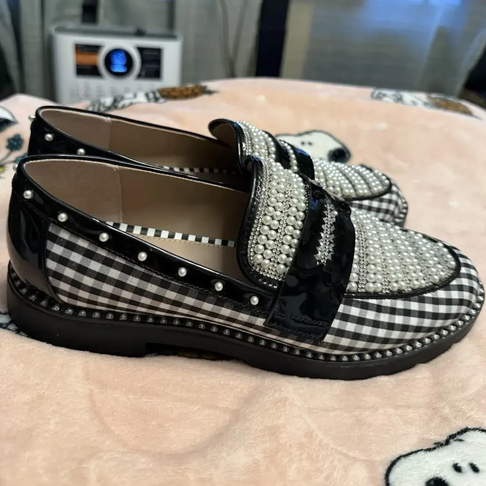 Betsey Johnson Women’s Loafer Flats Slip-On Gingham Pearl Studded 8.5M